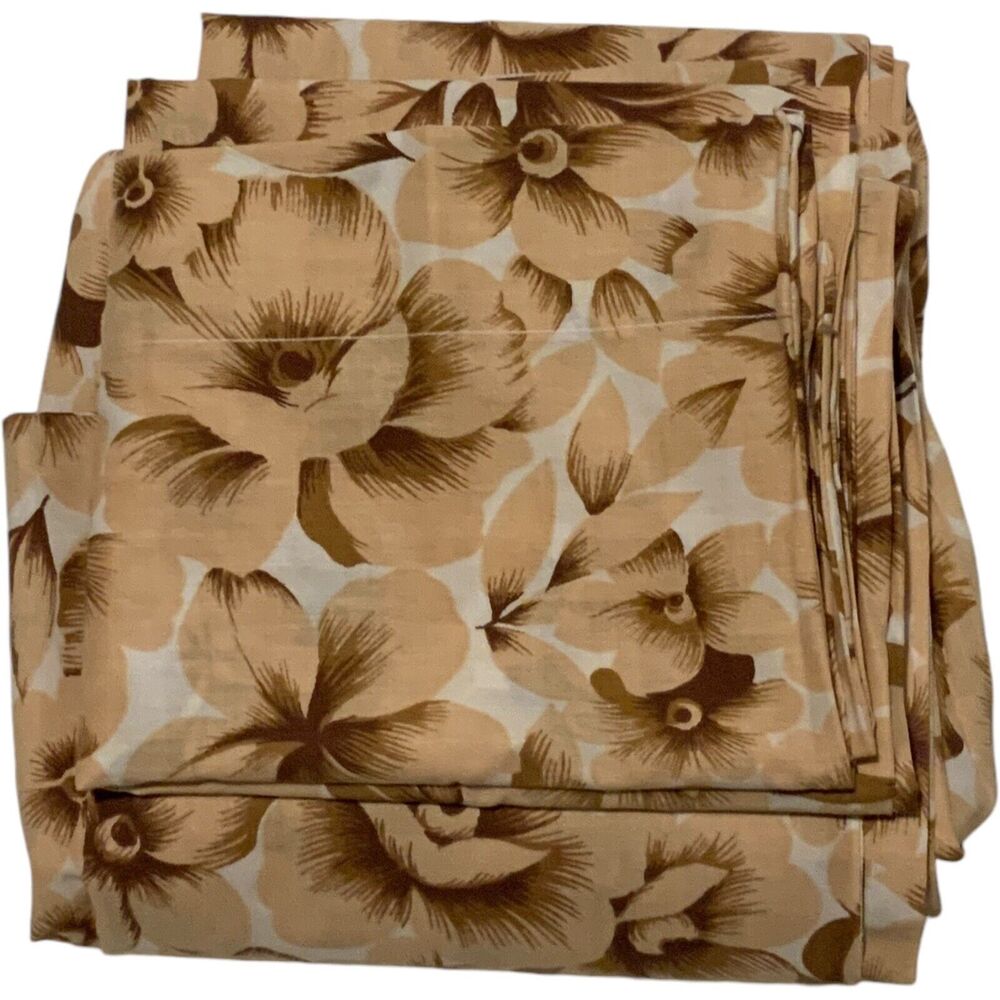 Vintage 70’s Wabasso Brown Hibiscus Floral Full Double Sheet Set Pillowcases